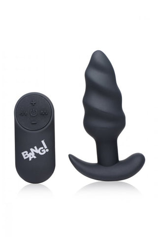 BANG! 21X VIBRATING SILICONE SWIRL BUTT PLUG W/ REMOTE BLACK