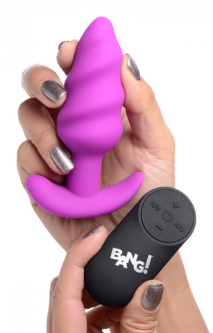 BANG! 21X VIBRATING SILICONE SWIRL BUTT PLUG W/ REMOTE PURPLE